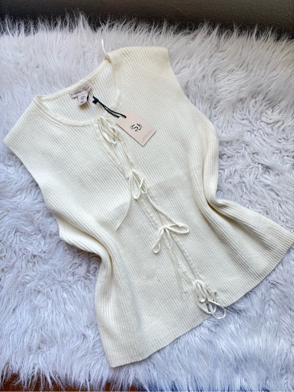 NWT Sincerely Jules Ivory Ribbed Tie-Neck Knit Top